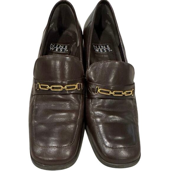 Y2K Nine West Brown Leather 90s Minimalist Leather Heeled Loafers Gold Detail 9 - Picture 8 of 10